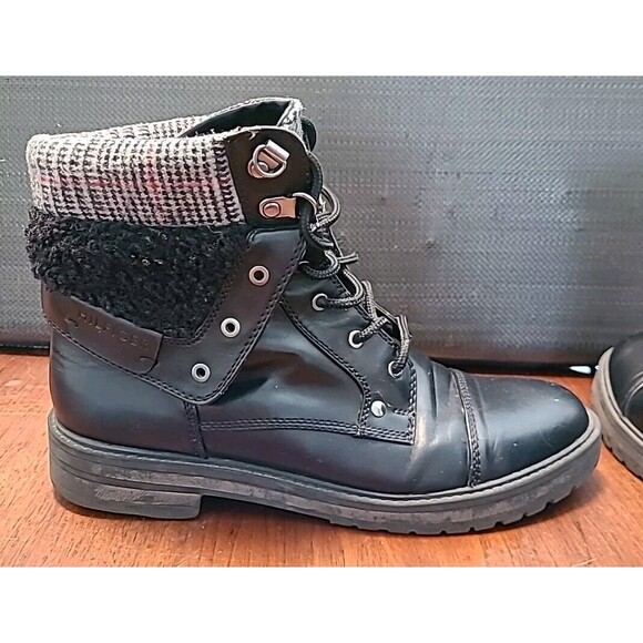 Tommy Hilfiger Womens 9M Dyan Lace Up Fold Ankle Boot Black Faux Leather - Picture 4 of 10
